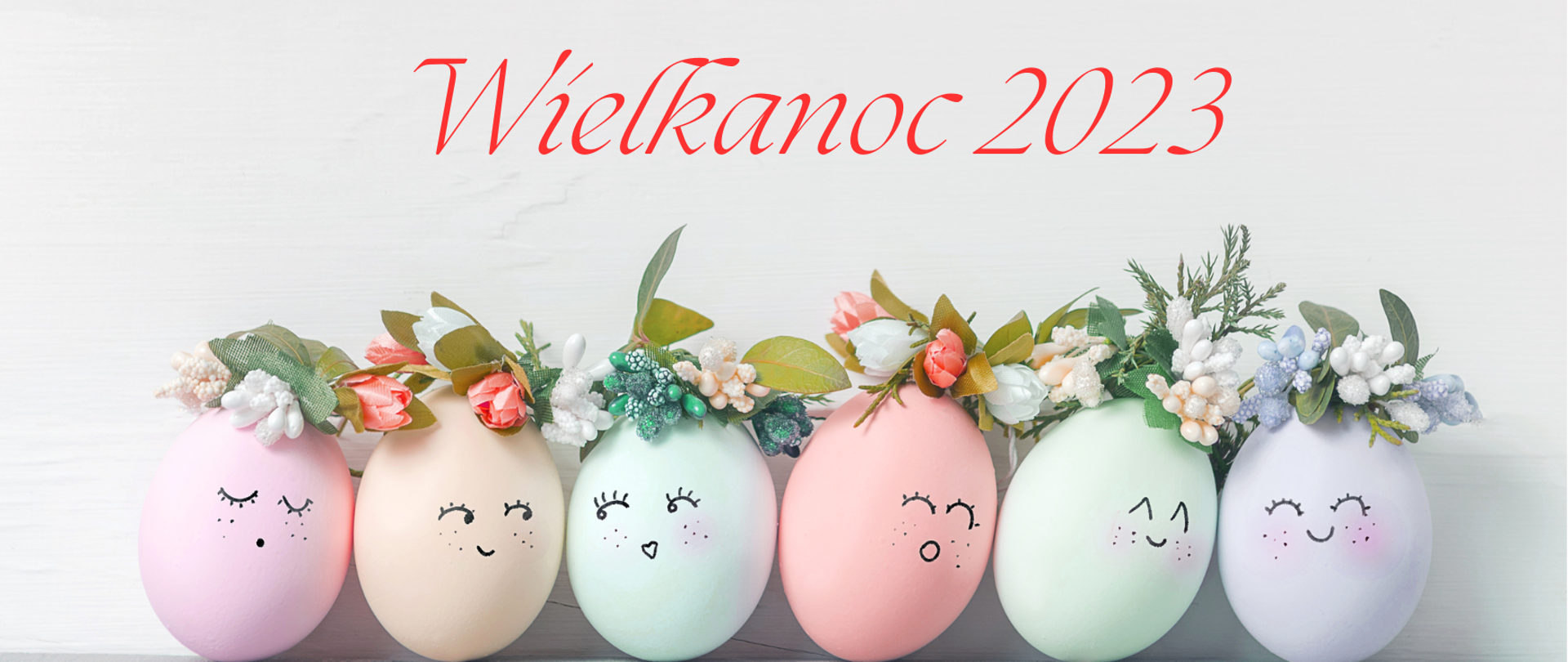 Zdjęcie przedstawia grafikę kolorowych pisanek i napis Wielkanoc 2023 