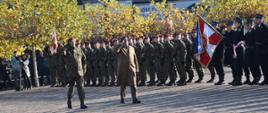 Na placu stoją żołnierze i strażacy. Przed nimi idzie dwóch żołnierzy. Obaj salutują. W tle widać drzewa a za nimi budynki. 