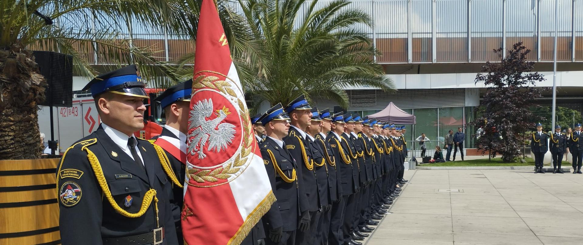 Zdjęcie przedstawia Kompanie honorową strażaków z Chorzowa wraz z pocztem sztandarowym
