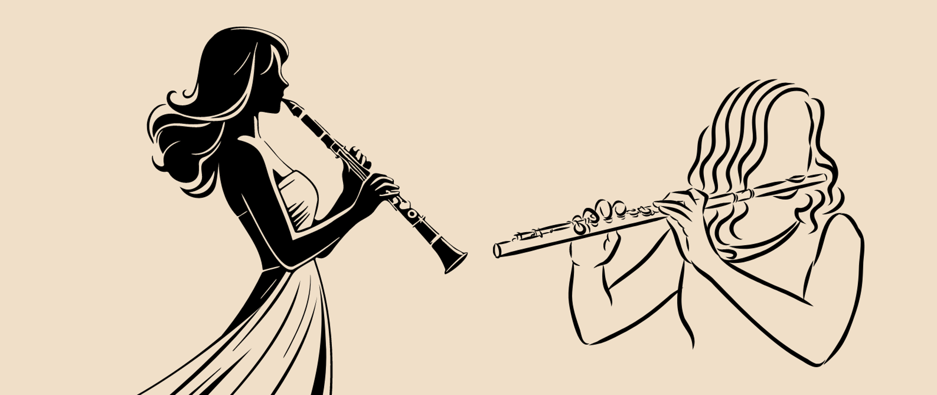 Zdjęcie przedstawia grafikę grających osób na klarnecie i flecie poprzecznym na beżowym tle, tytuł konkursu "Nienadęte dęte", datę 8 maja 2024 r. godz. 16.00, miejsce konkursu sala nr 1 w budynku szkoły.