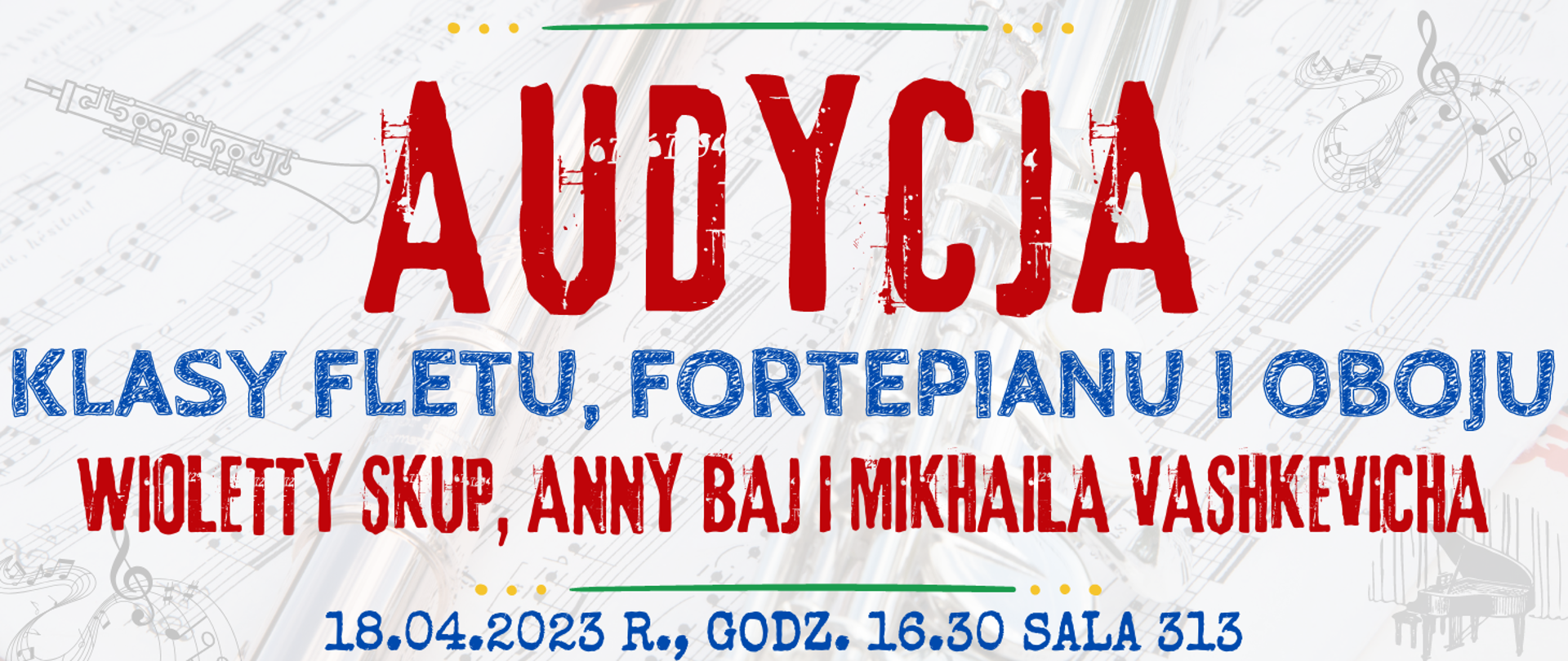 w tle transparentne tło z elementami muzycznymi na nim informacja o audycji klasy fletu, fortepianu i oboju