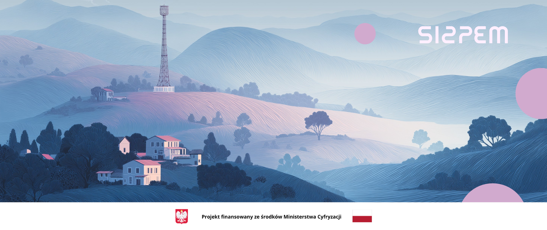 Grafika przestawia wieś, pagórki oraz górujący nad nimi masz telefonii komórkowej oraz logo SI2PEM.
