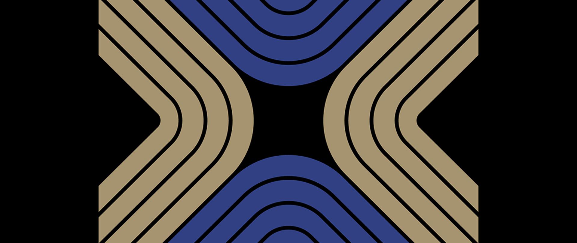 Grafika przedstawiająca na czarnym tle pasy, które są pogrupowane po cztery, w czterech zestawach i każdy zestaw tworzy literę V mającą zaokrąglone łączenie ramion. Wszystkie schodzą się zaokrąglonym rogiem w środku grafiki tworząc X. Dwa zestawy V są w kolorze niebieskim (górny i dolny), dwa w beżowym (boczne).