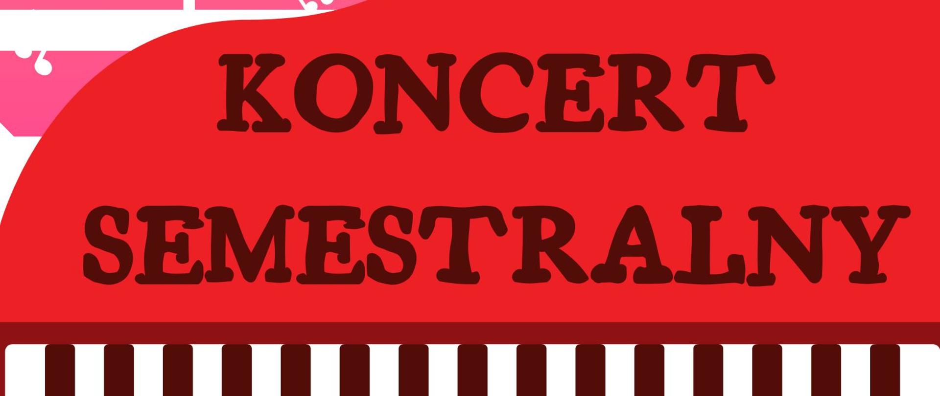Plakat wydarzenia. Koncert semestralny uczniów PSM I i II stopnia w Filharmonii Dolnośląskiej w sali im Ludomira Różyckiego w dniu 25 stycznia 2023 o godz. 17:00. Tematyka plakatu muzyczna: nuty na łososiowymi i różowym tel przeplatane białymi liniami oraz czerwone pudło fortepianu z klawiszami