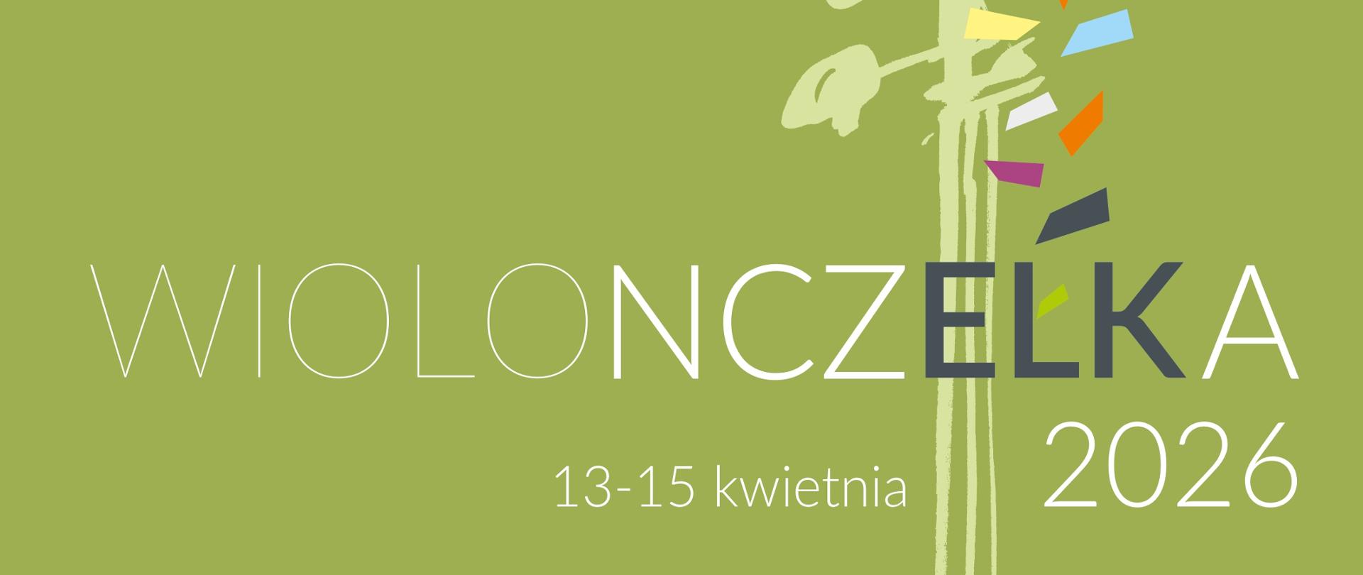 Plakat z zielonym podkładem z wieloma logami firm, instytucji na dole. Białe litery w większości drukowane z informacjami o konkursie wiolonczelowym w szkole muzycznej w Ełku. Z prawej strony plakatu kolorowa główka wiolonczeli z kołkami.