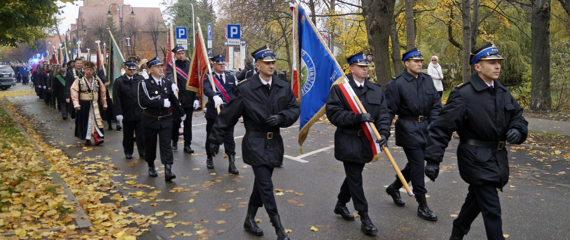 Poczty sztandarowe w trakcie przemarszu.