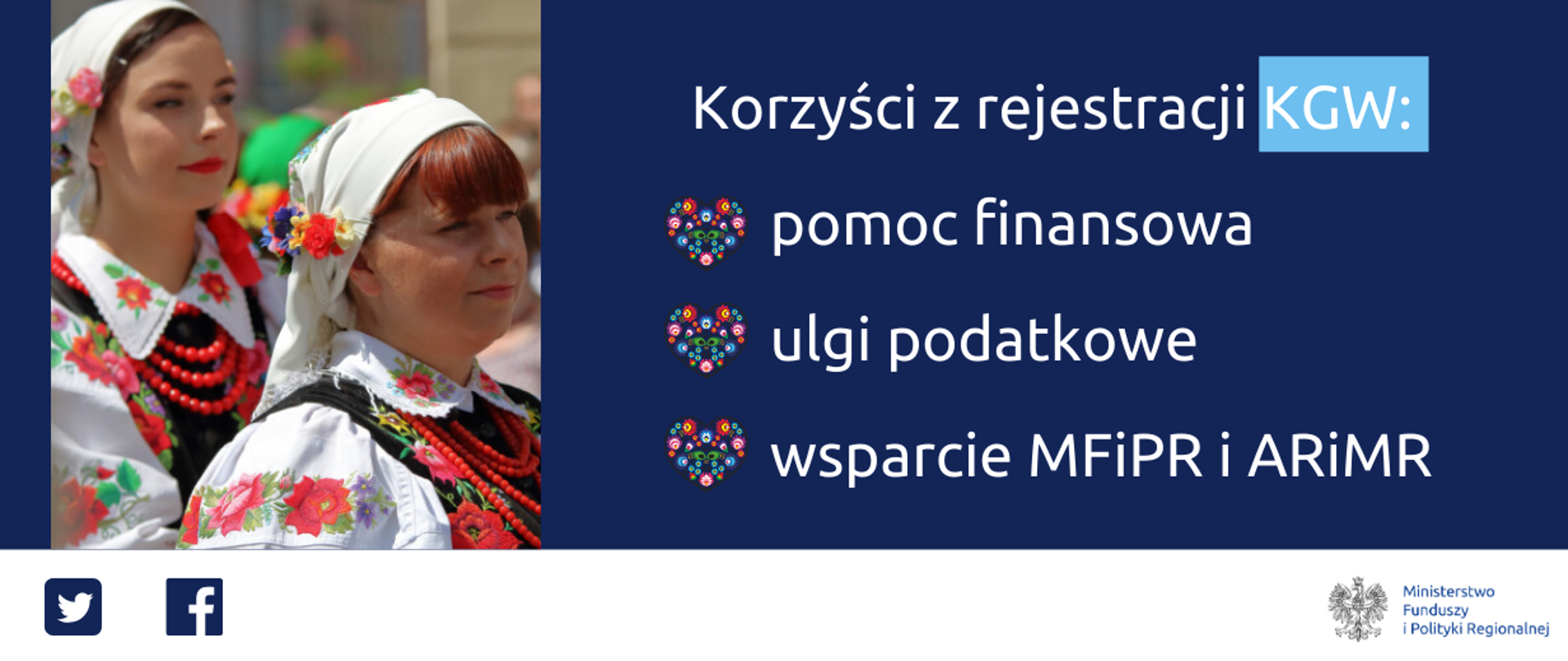 Korzyści z rejestracji Koła Gospodyń Wiejskich: pomoc finansowa, ulgi podatkowe, wsparcie MFiPR i ARiMR. Po lewej zdjęcie dwóch kobiet w strojach ludowych. Na dole ikony Twittera i Facebooka oraz logo Ministerstwa Funduszy i Polityki Regionalnej. 