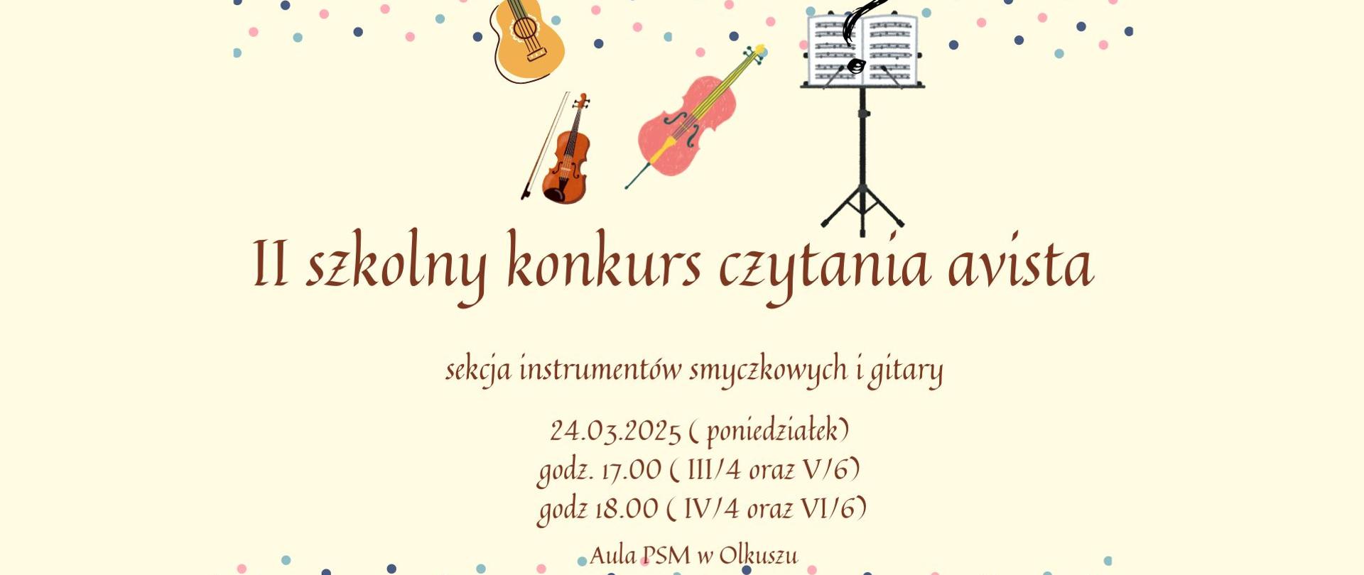 kremowe tło, różowe falbany na dole i na górze, kolorowe kropeczki, narysowane instrumenty smyczkowe i gitara, brązowe napisy