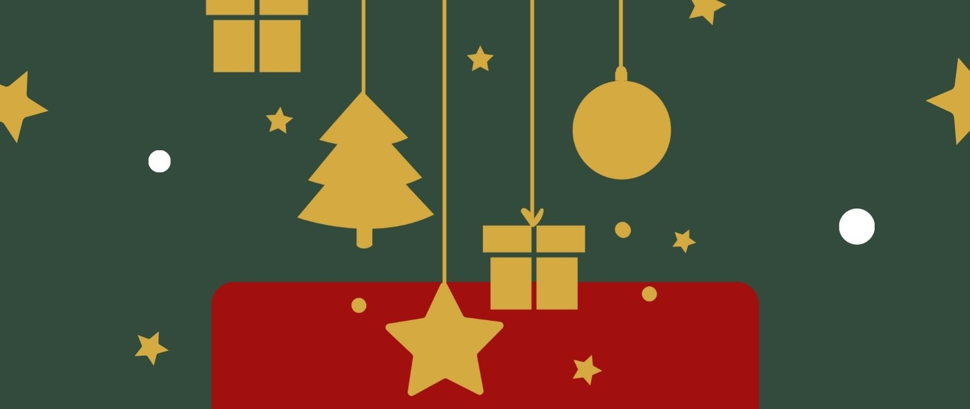 Bożonarodzeniowy plakat w kolorze ciemnozielonym z ozdobnymi złotymi gwiazdkami, prezentami i choinką w tle. Białymi literami napis "Zapraszamy na koncert Podążając za Gwiazdką, 20.12.2022, sala koncertowa, godz.18:00"