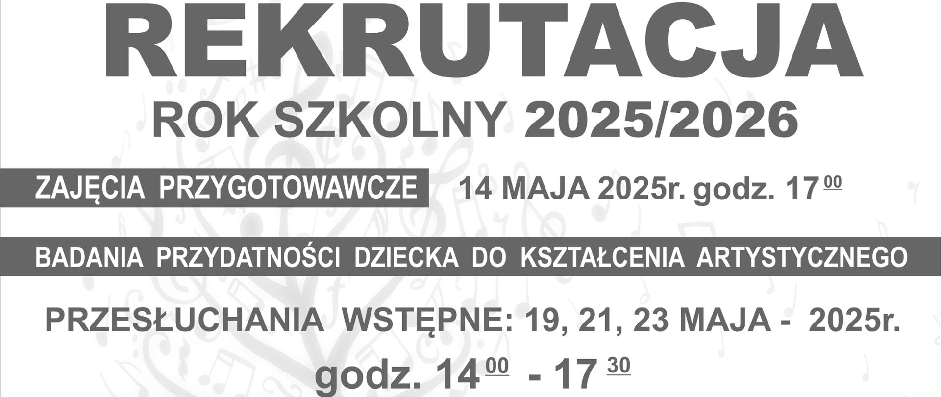Plakat z widokiem budynku szkoły. w górnej części plakatu niebieskie tło z wpisem Państwowa Szkoła Muzyczna I st. im. Andrzeja Kurylewicza w Namysłowie, Namysłów, ul. Józefa Piłsudskiego 11, tel. 774101261, www.gov.pl/psmnamyslow. W dolnej części plakatu na białym tle wpis: Rekrutacja rok szkolny 2025/2026, zajęcia przygotowawcze 14 maja 2025r. godz.17:00, badania przydatności dziecka do kształcenia artystycznego przesłuchania wstępne 19,21,23 maja 2025r. godz.14:00-17:30. Szkoła prowadzi naukę gry na instrumentach: fortepian, gitara, skrzypce, saksofon, flet, trąbka, akordeon, perkusja, puzon. Wnioski o przyjęcie do szkoły składamy w sekretariacie szkoły lub drogą elektroniczną na adres: sekretariat@psmnamyslow.pl. Do wniosku dołączamy zaświadczenie lekarskie o braku przeciwwskazań do nauki w Państwowej Szkole Muzycznej. Wnioski przyjmujemy do 23 maja 2025 roku.