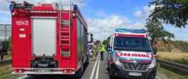Zdjęcie przedstawia pojazdy służb ratowniczych: straży pożarnej po lewej stronie i karetki pogotowia po prawej stronie. Między pojazdami stoi policjant i strażak.
