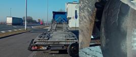 Autolaweta na autostradzie i zbliżenie na mocno zużytą oponę przyczepy