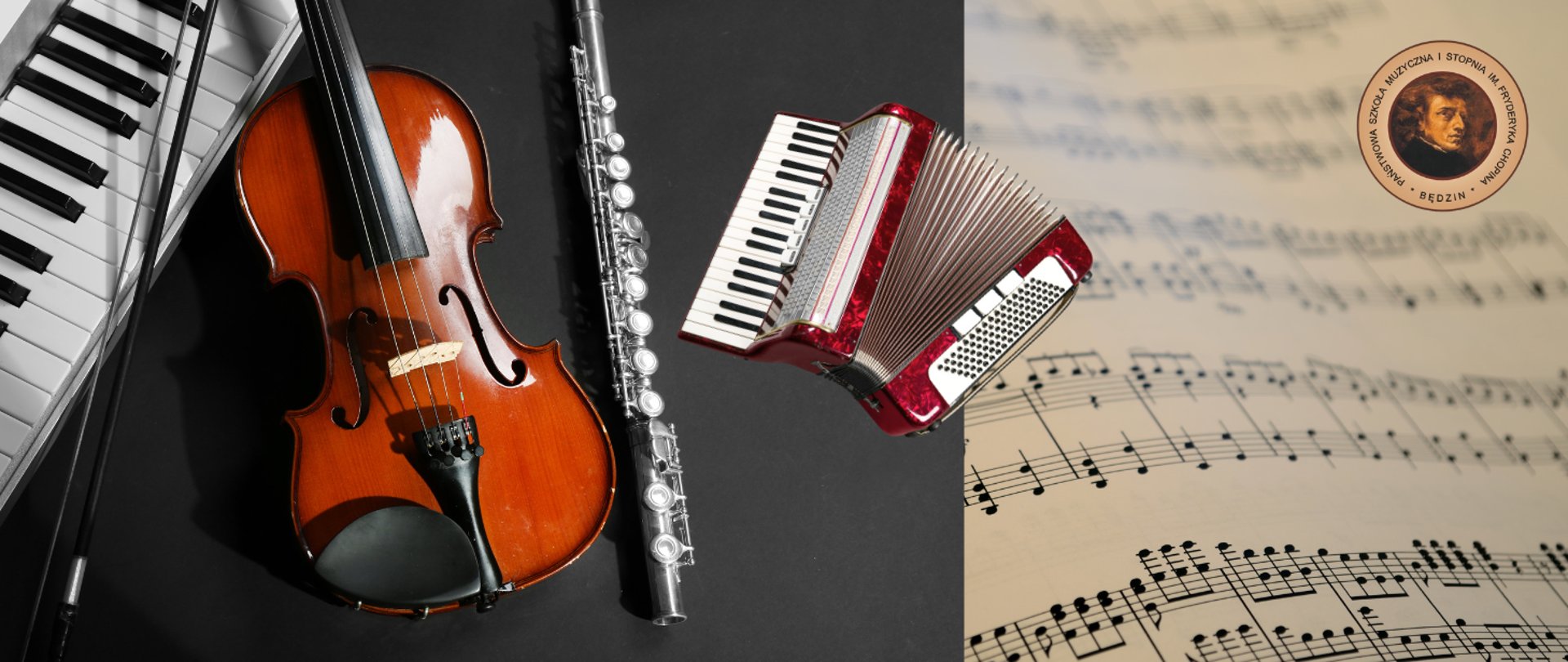 na banerze z lewej strony instrumenty: skrzypce, akordeon, flet i pianino, po prawej ikony nut oraz logo szkoły