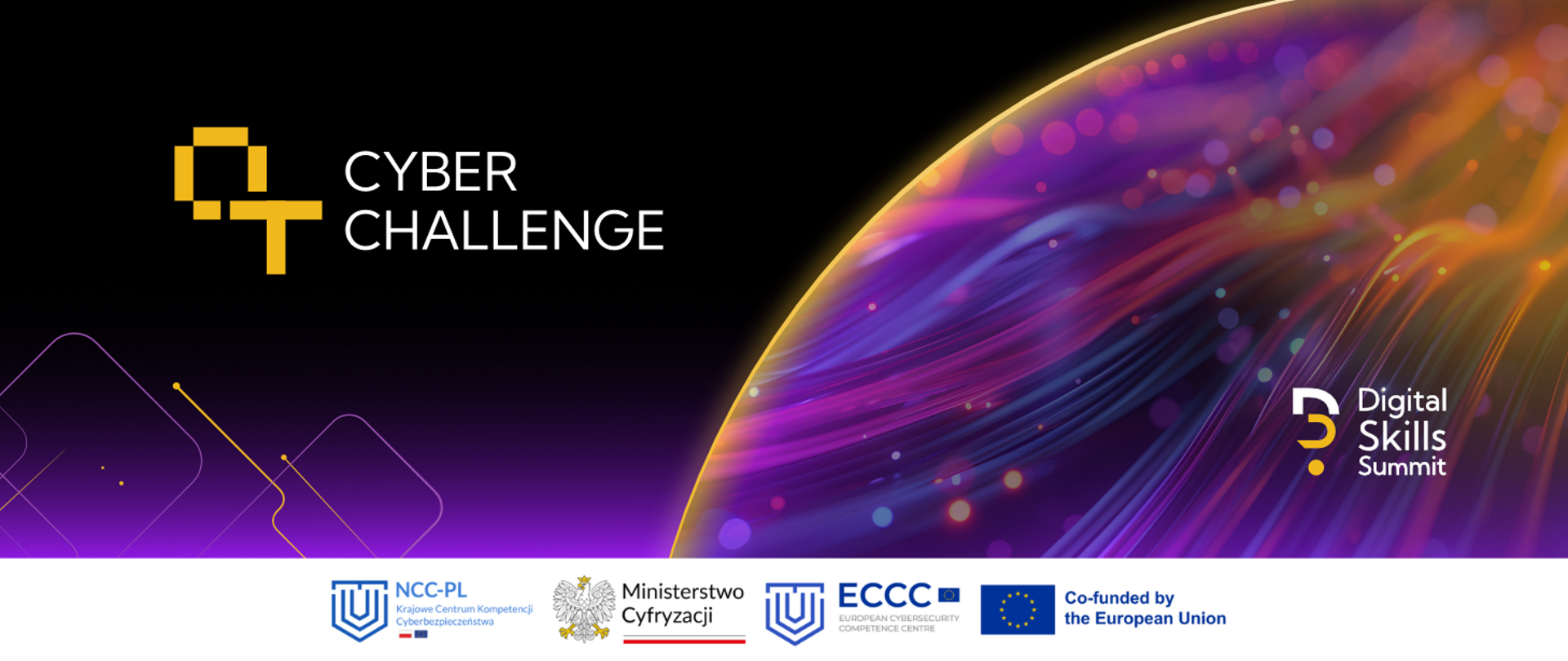 Logotyp konkursu i inne logotypy na fioletowym tle z fragmentem planety