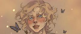 Postać dziewczyny trzymającej w ręce otwartą książkę, wkoło latają niebieskie motyle. Z książki unoszą się jasne, świecące kule.
