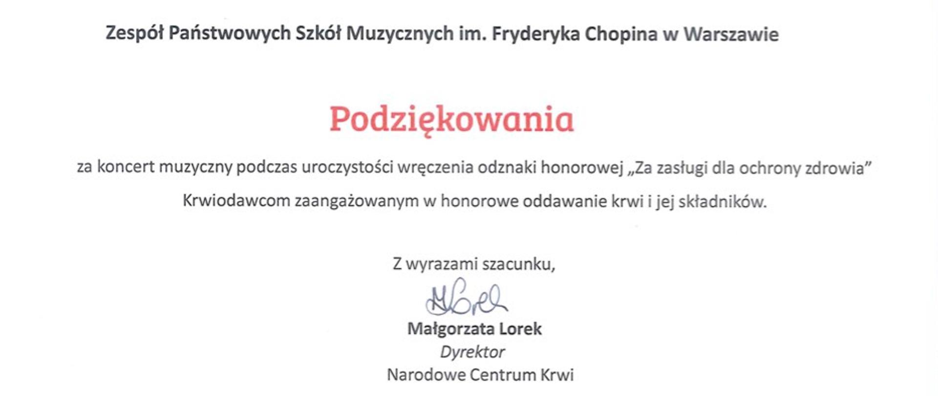 Grafika - podziękowanie za koncert podczas uroczystości wręczenia odznaki honorowej "Za zasługi dla ochrony zdrowia"