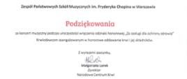 Grafika - podziękowanie za koncert podczas uroczystości wręczenia odznaki honorowej "Za zasługi dla ochrony zdrowia"