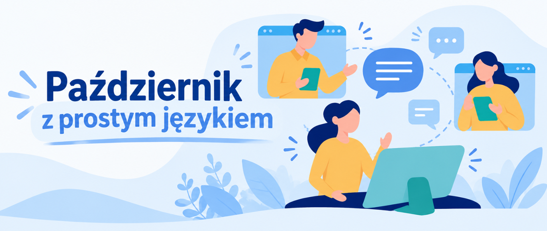 napis październik z prostym językiem napis rysunki ludzi przy mediach