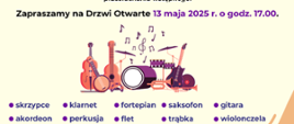 Plakat ze szczegółami rekrutacji w barwach żółto-pomarańczowych i grafiką instrumentów muzycznych. 