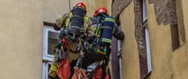 Strażacy przy użyciu sprzętu wysokościowego i technik linowych wchodzą przez okno do budynku.