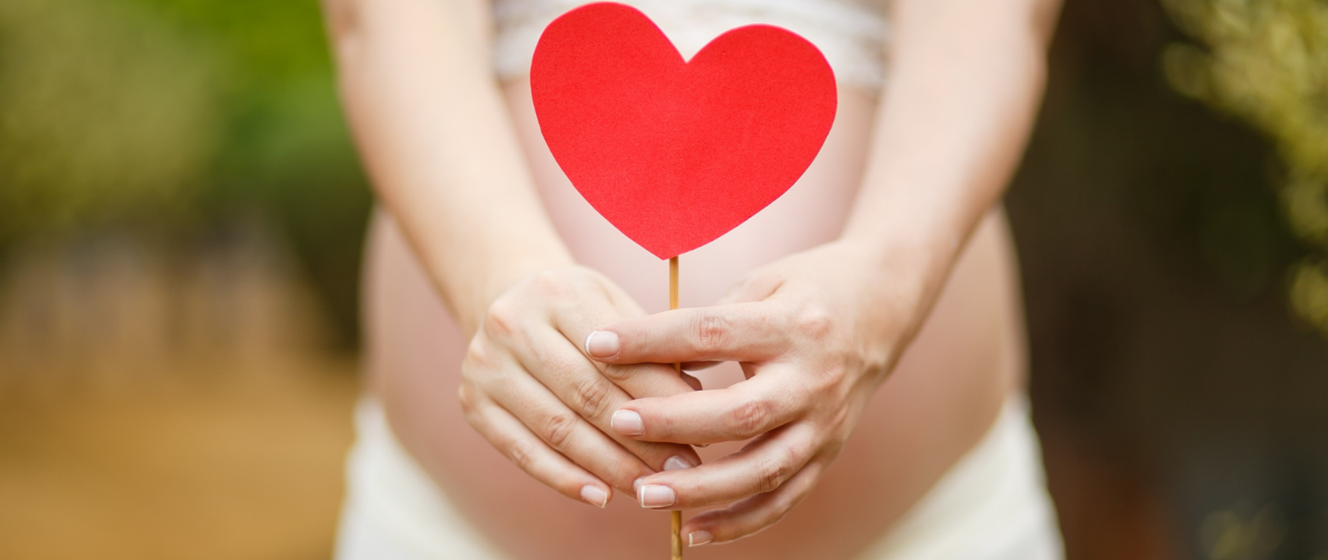 Dłonie kobiety w ciąży trzymające serce z papieru na patyku
