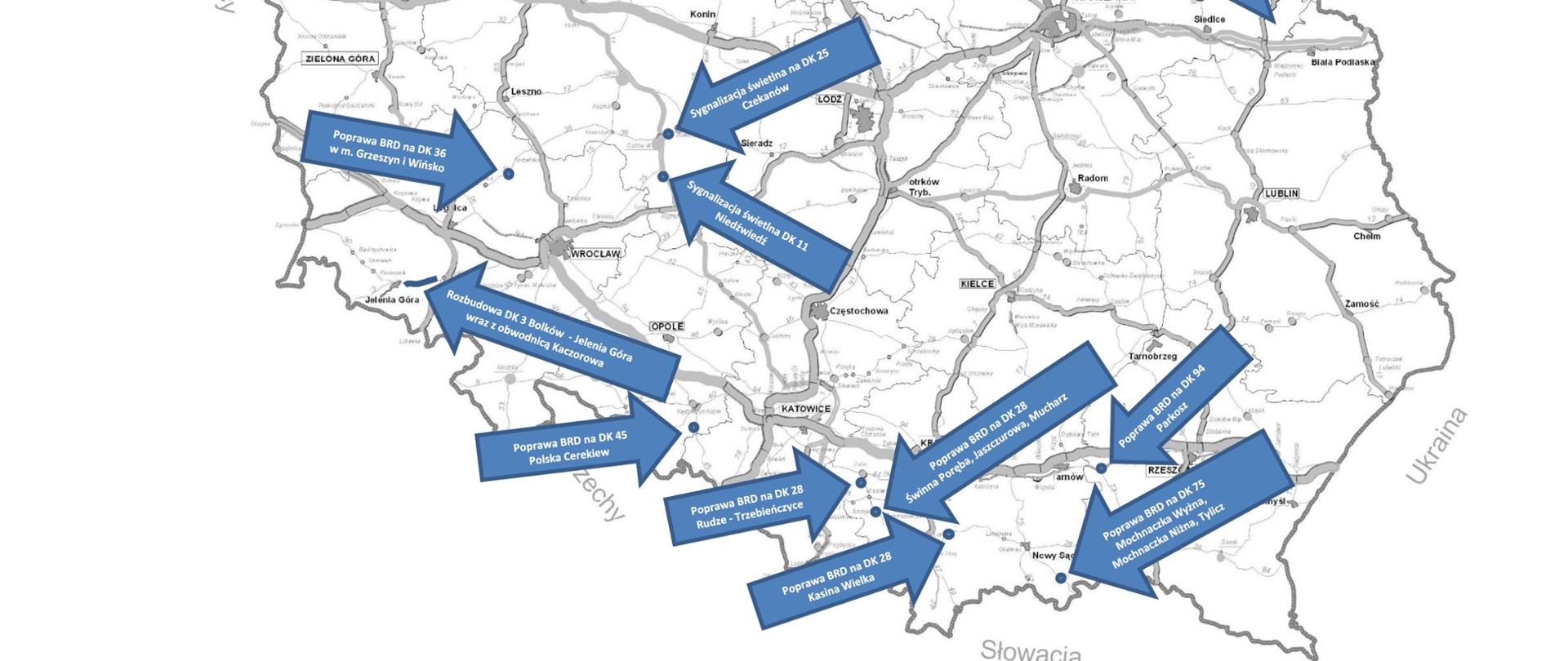 Mapa zadań realizowanych w województwach: zachodniopomorskim, pomorskim, warmińsko-mazurskim, mazowieckim, wielkopolskim, dolnośląskim, opolskim, małopolskim i podkarpackim.