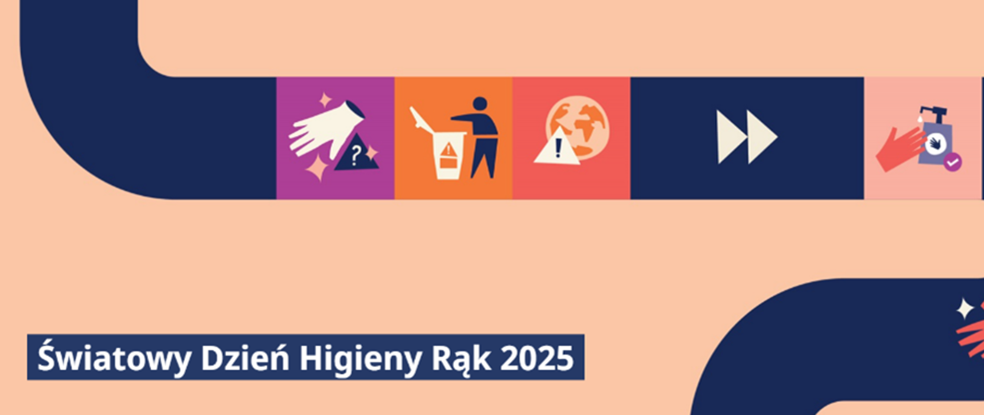 Obraz przedstawia grafikę promującą Światowy Dzień Higieny Rąk. W dolnej części znajduje się napis światowy dzień higieny rąk na niebieskim tle, W górnej części umieszczono kilka kolorowych ikon symbolizujących działania związanych z higieną, obrazek myjących się rąk,osoba wyrzucająca śmieci do kosza , dłoń używająca środka do dezynfekcji.