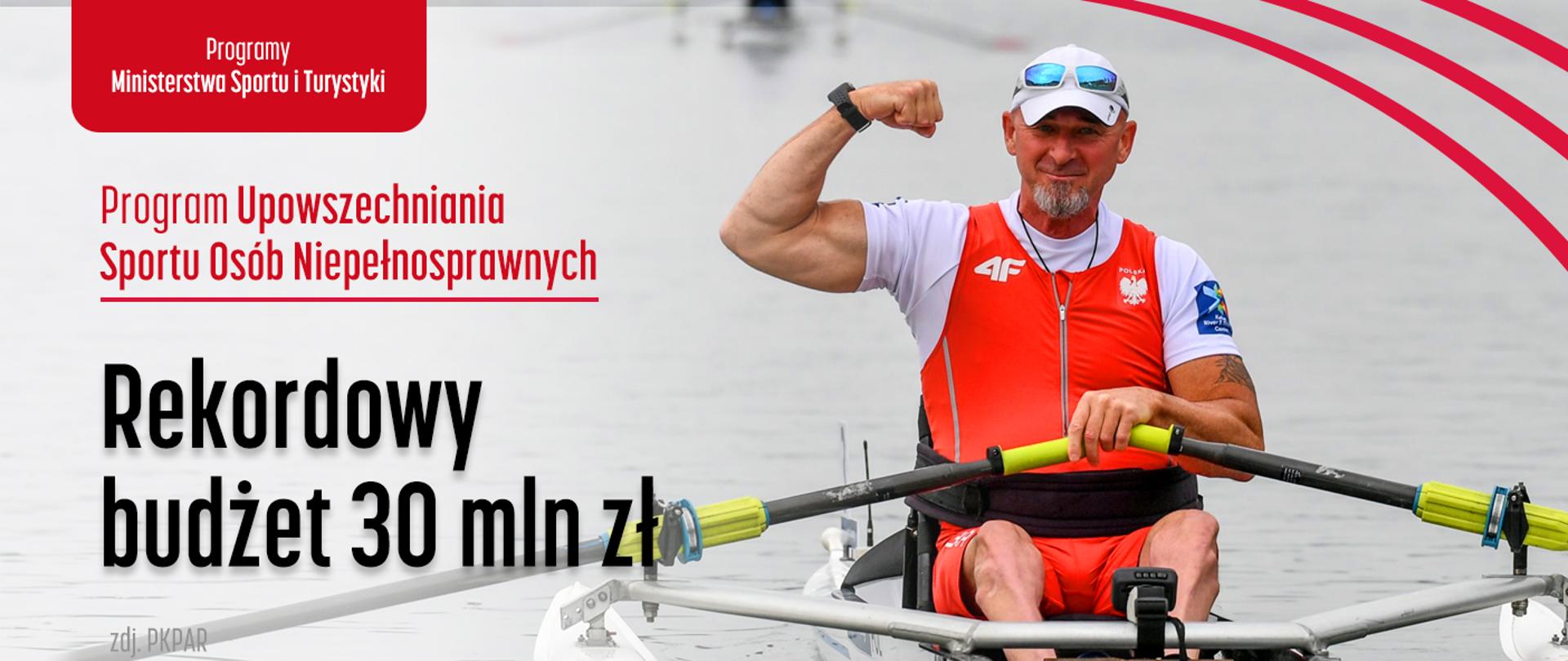 Na grafice znajduje się polski parasportowiec uprawiający wioślarstwo oraz napisy: Programy Ministerstwa Sportu i Turystyki, Program Upowszechniania Sportu Osób Niepełnosprawnych, Rekordowy budżet 30 mln zł.