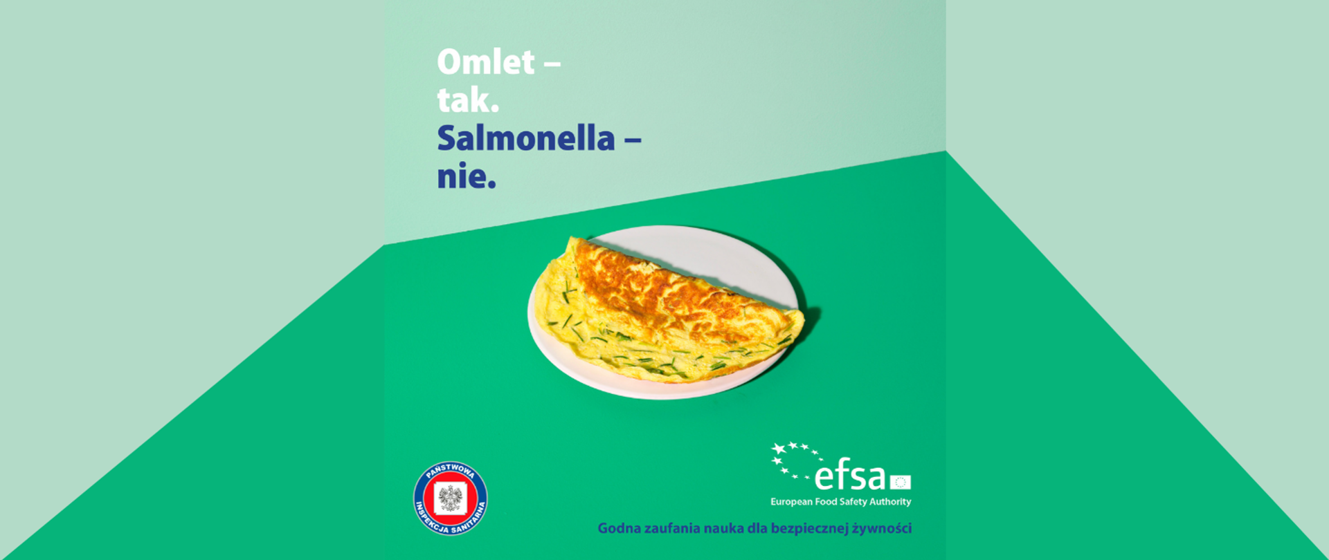 Bezpieczne rozmrażanie żywności - omlet na talerzu, napis: Omlet - tak. Salmonella-nie.