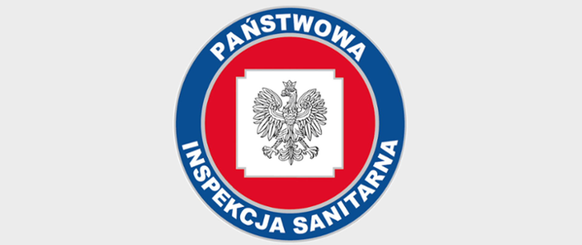 Logo Państwowej Inspekcji Sanitarnej: orzeł na białym tle, które jest w kształcie kwadratu wpisanego w czerwone koło, dookoła którego znajduje się niebieska obwódka z napisem Państwowa Inspekcja Sanitarna.
