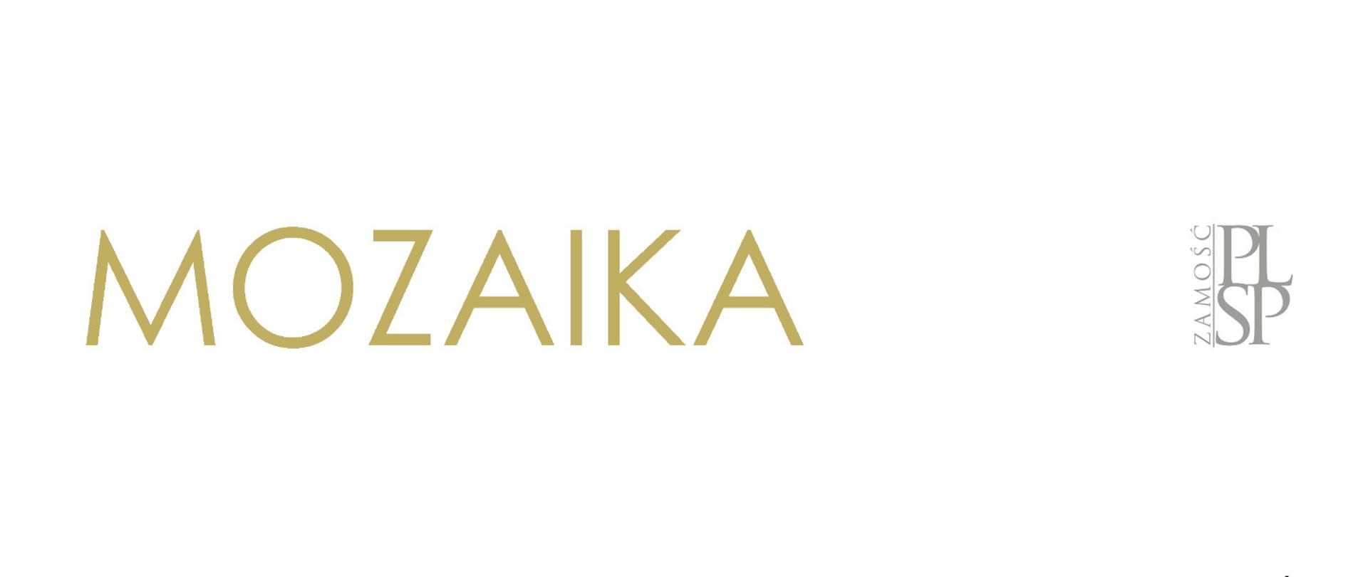 na białym tle napis mozaika, po prawej logo szkoły, pod spodem kolorowa mozaika ceramiczna