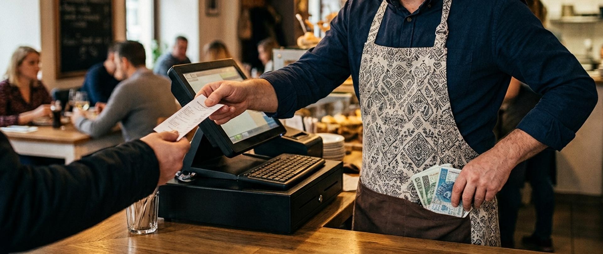 Mężczyzna za kasą w restauracji - zdjęcie wygenerowane przez sztuczną inteligencję