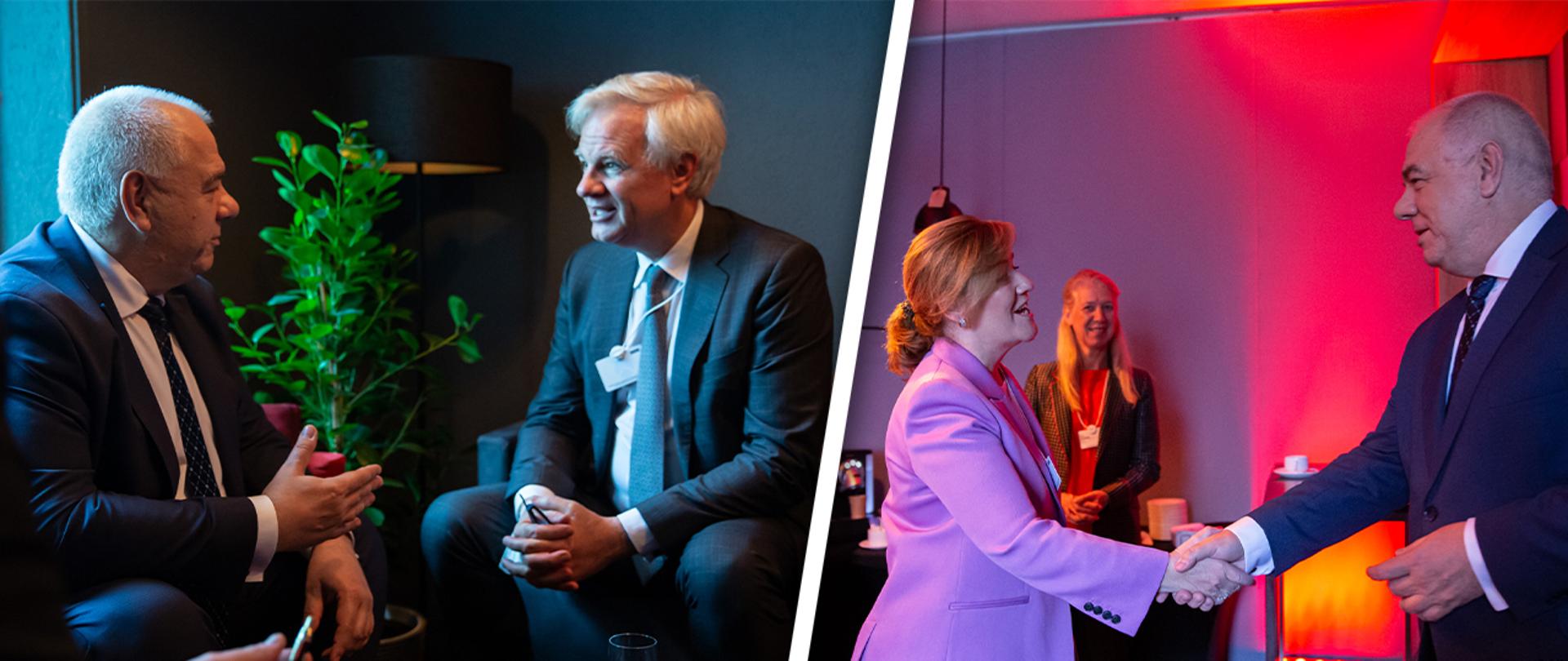 Kolaż dwóch zdjęć. Z lewej strony wicepremier Jacek Sasin rozmawia z przedstawicielem Citi J. Collinsem. Z prawej strony wicepremier Jacek Sasin wita się z przedstawicielką Google Cloud. 