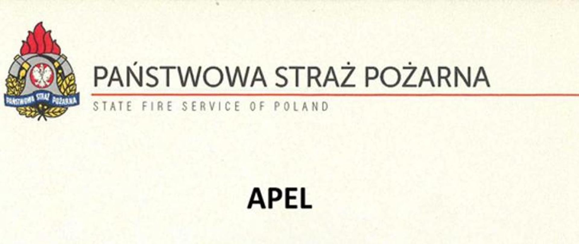 Grafika z napisem Państwowa Straż Pożarna i napisem Apel