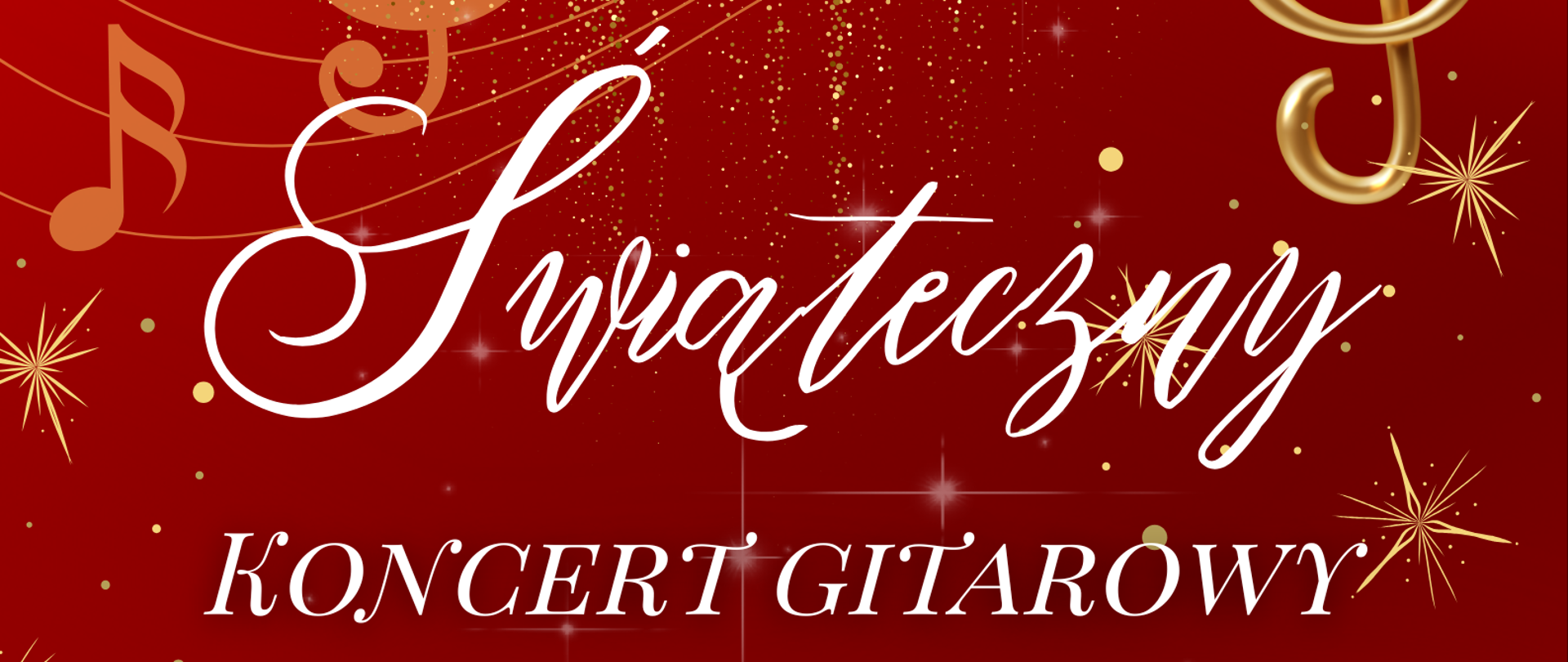 Czerwony plakat ze złotymi ozdobami, białe litery.