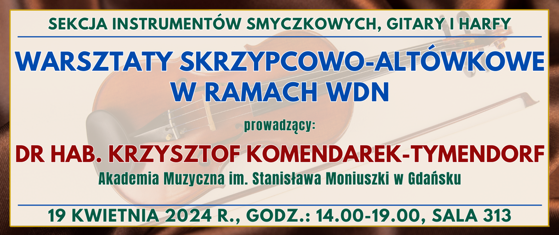 kolorowe tło z półprzezroczystymi skrzypcami oraz informacja o wydarzeniu