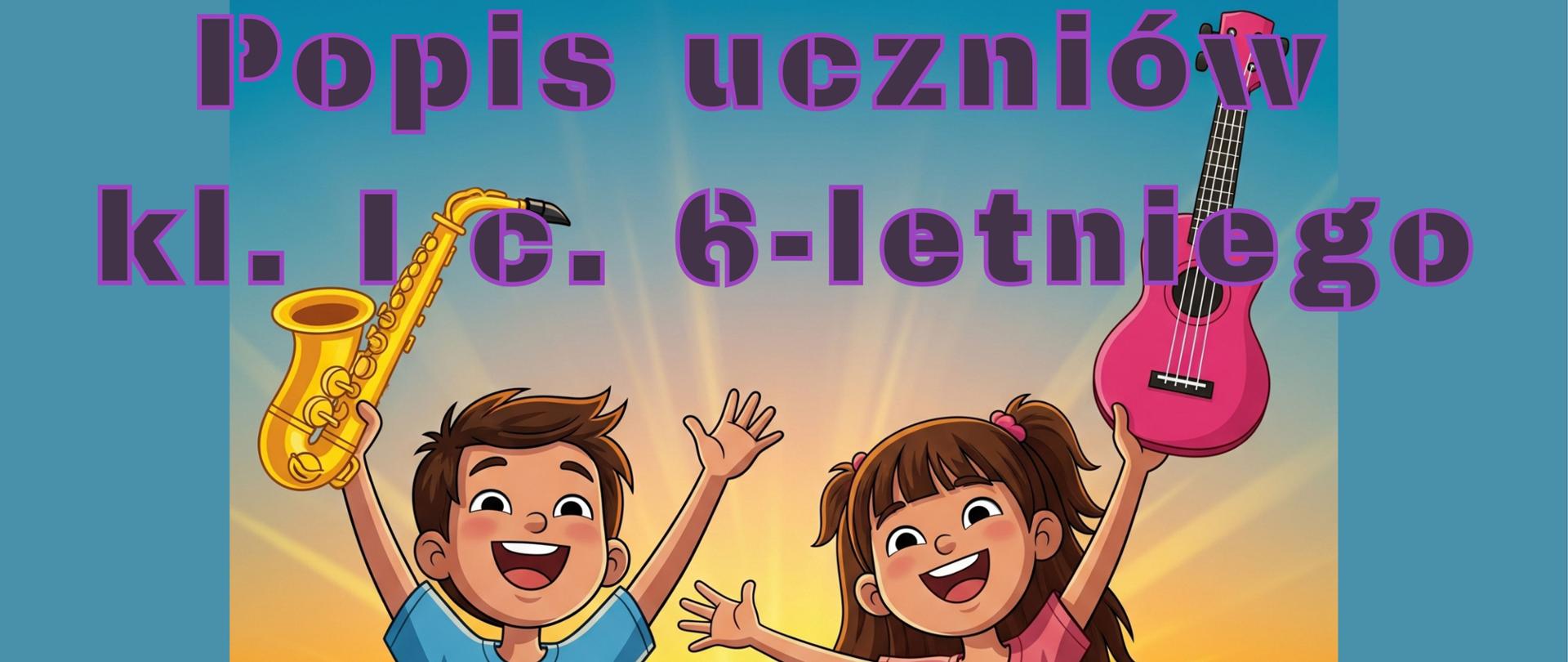 Plakat jest utrzymany w ciemnoniebieskich i fioletowych odcieniach, z jaskrawymi, kolorowymi elementami. U góry plakatu, białą czcionką, znajduje się tekst: „Dyrekcja PSM I st. nr 2 w K. Koźlu zaprasza na”. Poniżej, dużą, fioletową czcionką, wyróżniony jest tytuł: „Popis uczniów kl. I c. 6-letniego”. Literka „c” w „I c.” jest niebieska. Na środku plakatu znajdują się dwie, wesołe, rysunkowe postaci dzieci. Po lewej stronie jest chłopiec w niebieskiej koszulce, z uniesionymi rękami, w jednej z nich trzymający żółty saksofon. Po prawej stronie jest dziewczynka w różowej bluzce, również z uniesionymi rękami, nad nią unosi się różowa gitara. Poniżej postaci, białą czcionką, podane są szczegóły wydarzenia:
* Data: „17.06.2025”
* Godzina: „17.00”
Na samym dole plakatu, także białą czcionką, znajduje się informacja o miejscu: „sala koncertowa szkoły”.