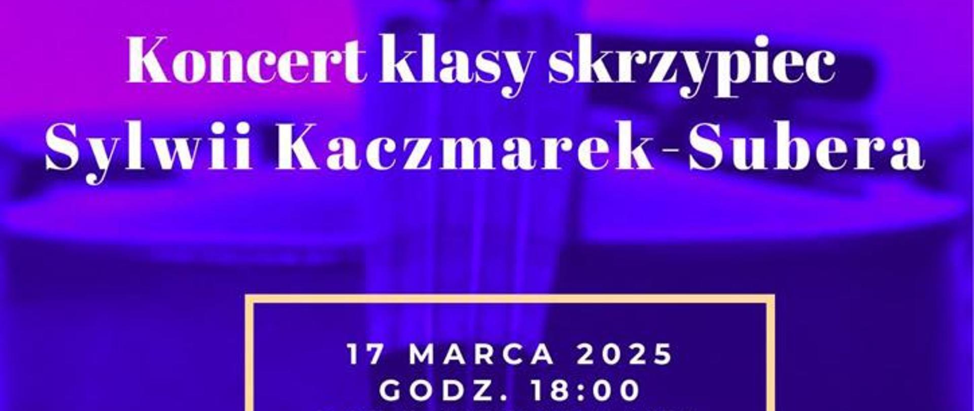 Plakat, którego tło stanowi zdjęcie przedstawiające skrzypce. Na plakacie znajdują się informacje dotyczące koncertu klasy skrzypiec, który odbędzie się 17 marca 2025 o godzinie 18:00 w sali kameralnej. W górnej części plakat pośrodku znajduje się okrągłe logo szkoły, a pod nim nazwa szkoły. W dolnej części plakatu znajduje się szeroki pas w kolorze brzoskwioniowym a na min napis: Zapraszamy serdecznie :)