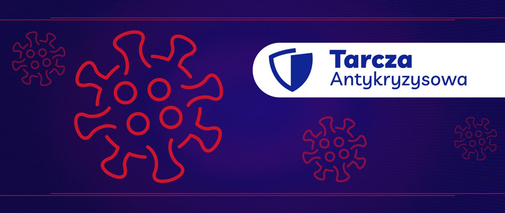 Czerwony piktogram w kształcie koronawirusa i napis Tarcza Antykryzysowa.