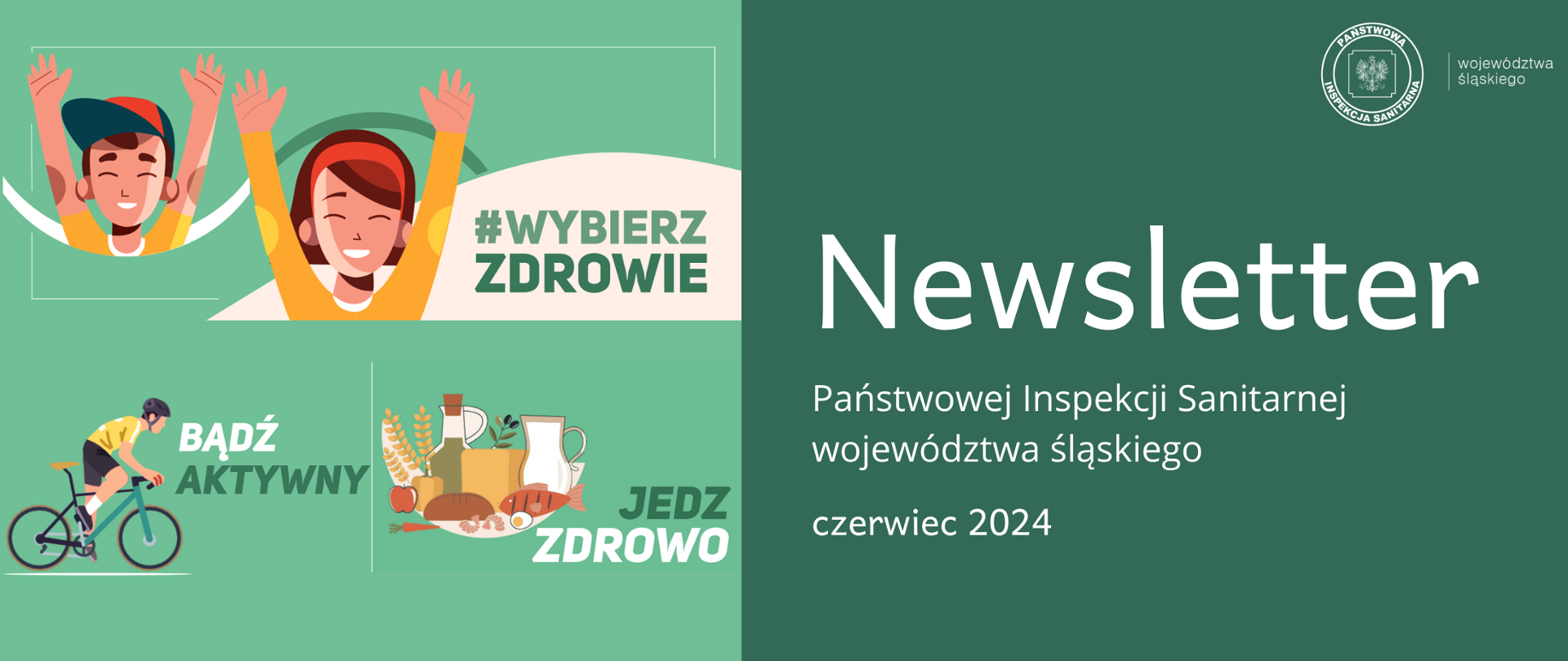 Po lewej stronie grafika w kolorze zielonym z hasłem Wybierz Zdrowie - bądź aktywny, jedz zdrowo. Po prawej stronie napis: Newsletter Państwowej Inspekcji Sanitarnej województwa śląskiego za czerwiec 2024 