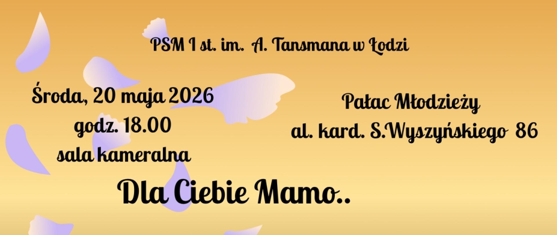 Baner na koncert klas 1 sekcji fortepianu, żółte tło, czarne litery, data: środa, 20 maja 2026, g. 18:00, sala kameralna, Pałac Młodzieży, al. kard. S. Wyszyńskiego 86