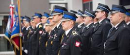 strażacy PSP i OSP w mundurach galowych, stojący w szeregach w oddali dwa poczty sztandarowe - obraz rozmazany