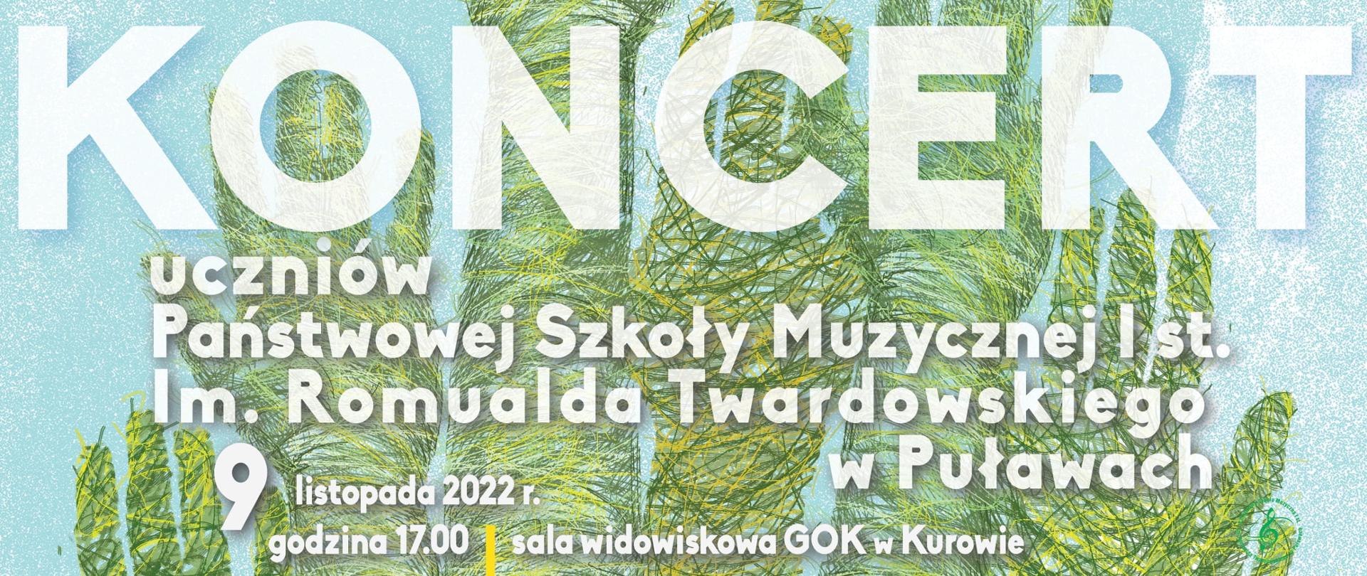 Plakat koncertu - na niebieskim tle znajdują się dziecięce ręce w kolorze zielonym oraz słońce zrobione z nutek