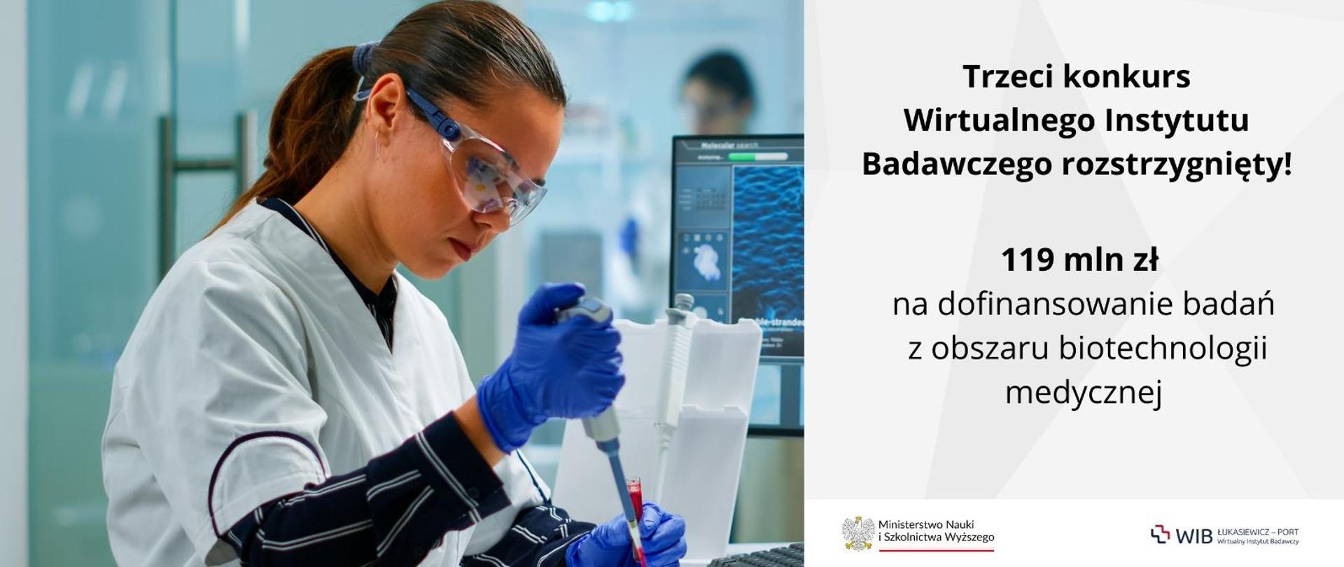 Grafika - kobieta w ochronnych okularach i białym laboratoryjnym fartuchu nalewa strzykawką coś do naczynia, obok napis Trzeci konkurs Wirtualnego Instytutu Badawczego rozstrzygnięty.