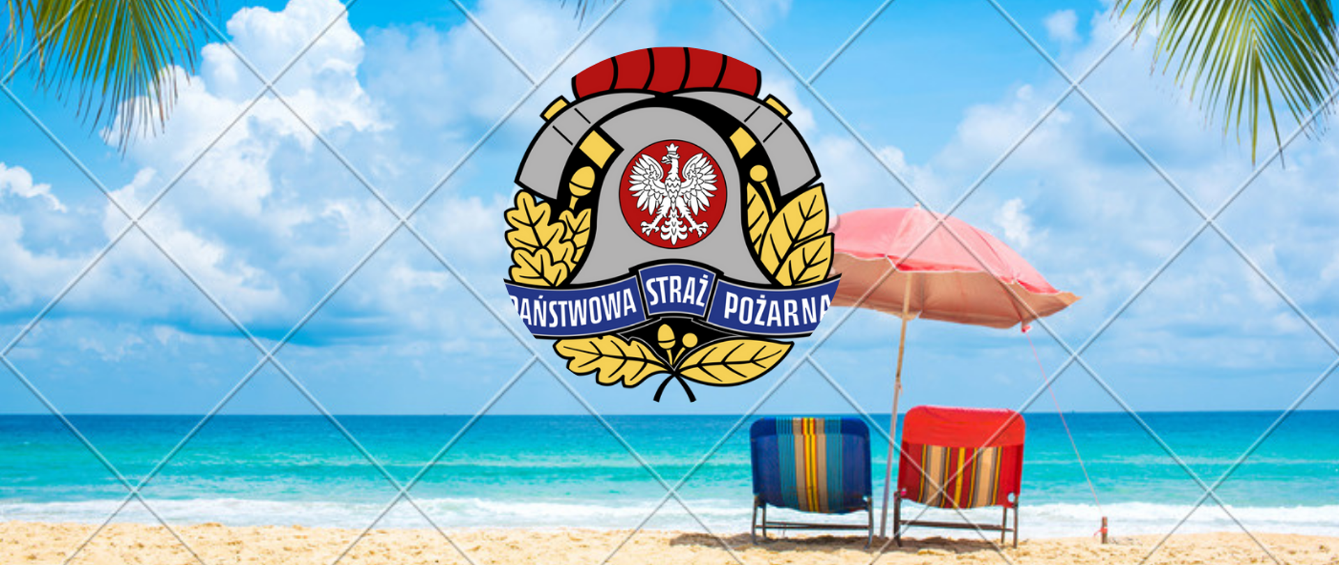 Na zdjęciu widać nadmorską plażę, dwa leżaki. Po środku logotyp PSP.