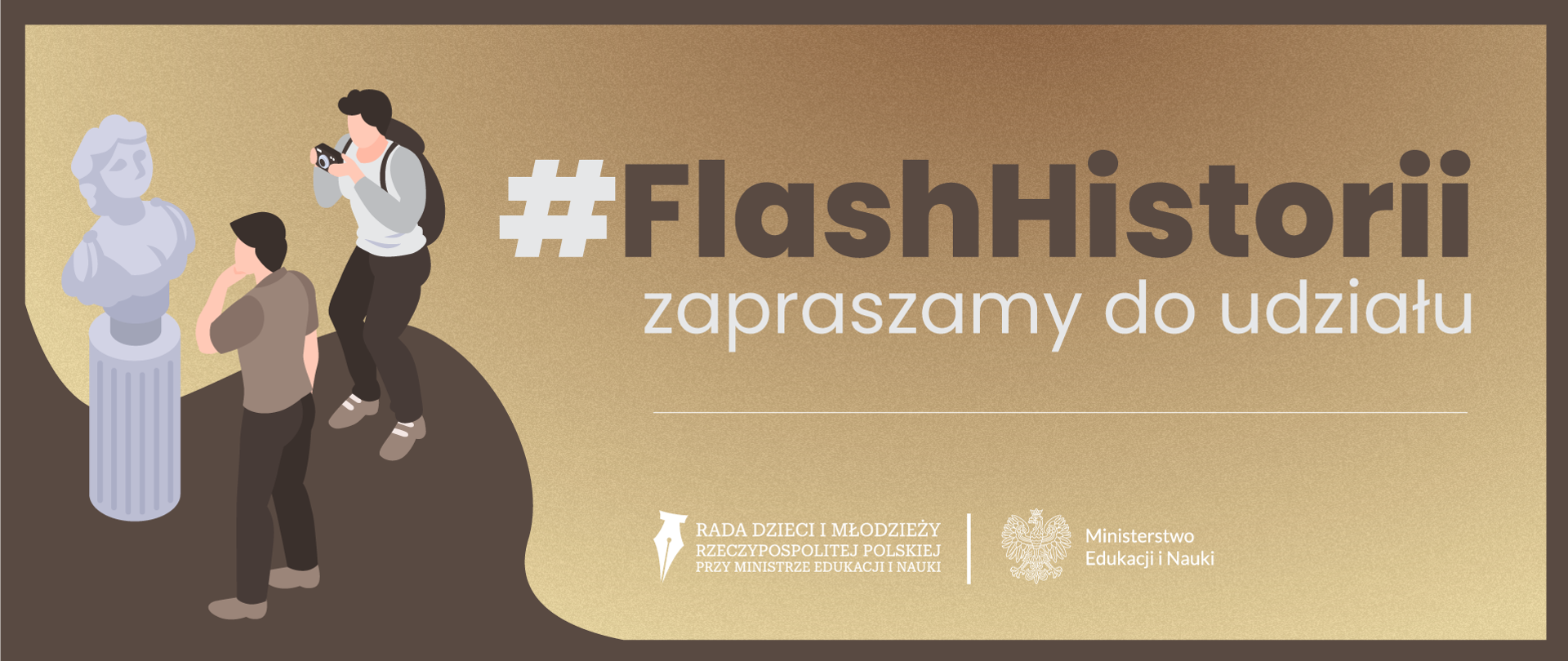 Grafika - na brązowym tle ludzie robiący zdjęcie rzeźbie i napis #FlashHistorii - zapraszamy do udziału.