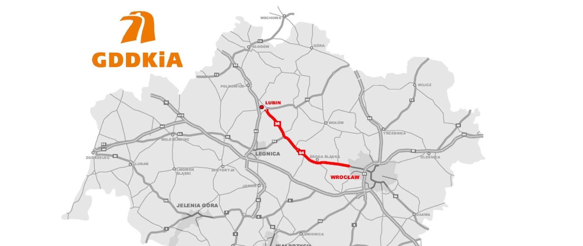 na zdjęciu widoczna mapa województwa dolnośląskiego. Na czerwono zaznaczony przebieg dróg krajowych nr 94 i 36 od Wrocławia do Lubina