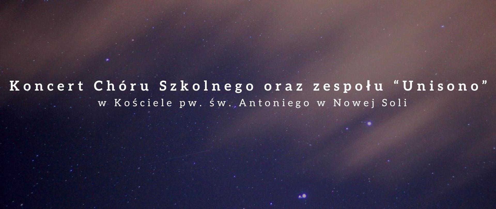 Baner przedstawia biały napis na zamglonym gwieździstym nocnym niebie. 