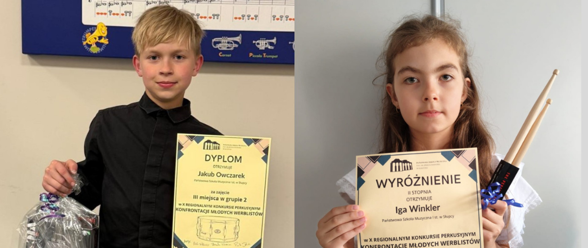 po lewej chłopiec trzymający dyplom i foliowy woreczek, po prawej dziewczynka z dyplomem i pałkami peskusyjnymi