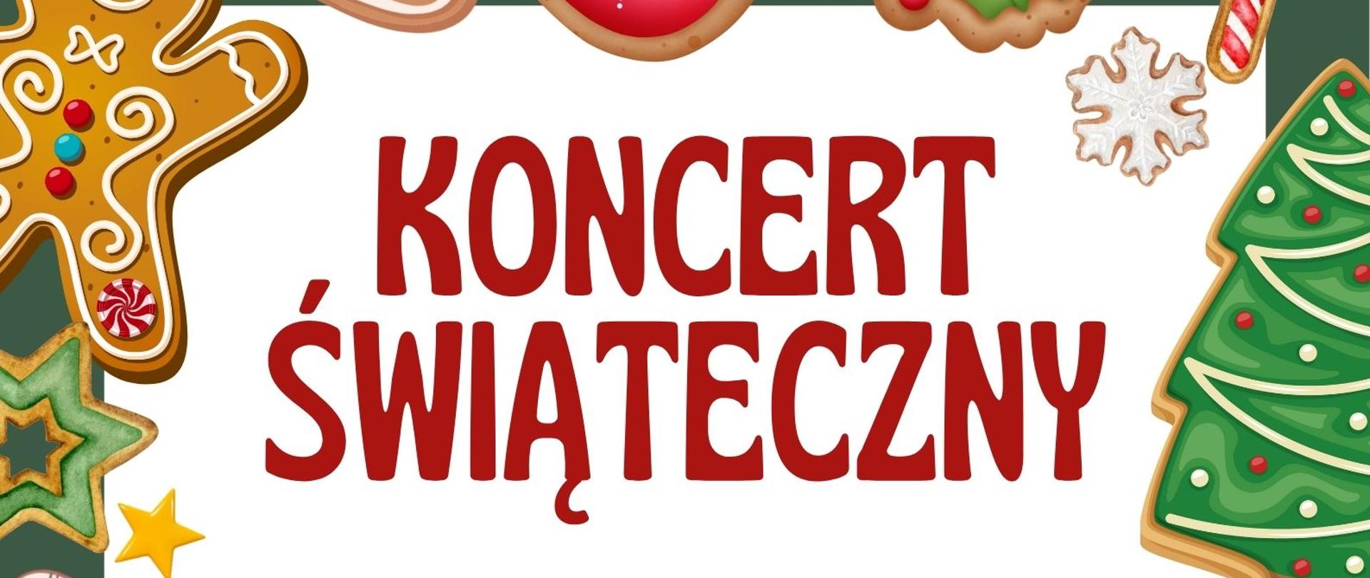 Kolorowa grafika z elementami choinki, mikołaja i pierników informująca o terminie koncertu świątecznego